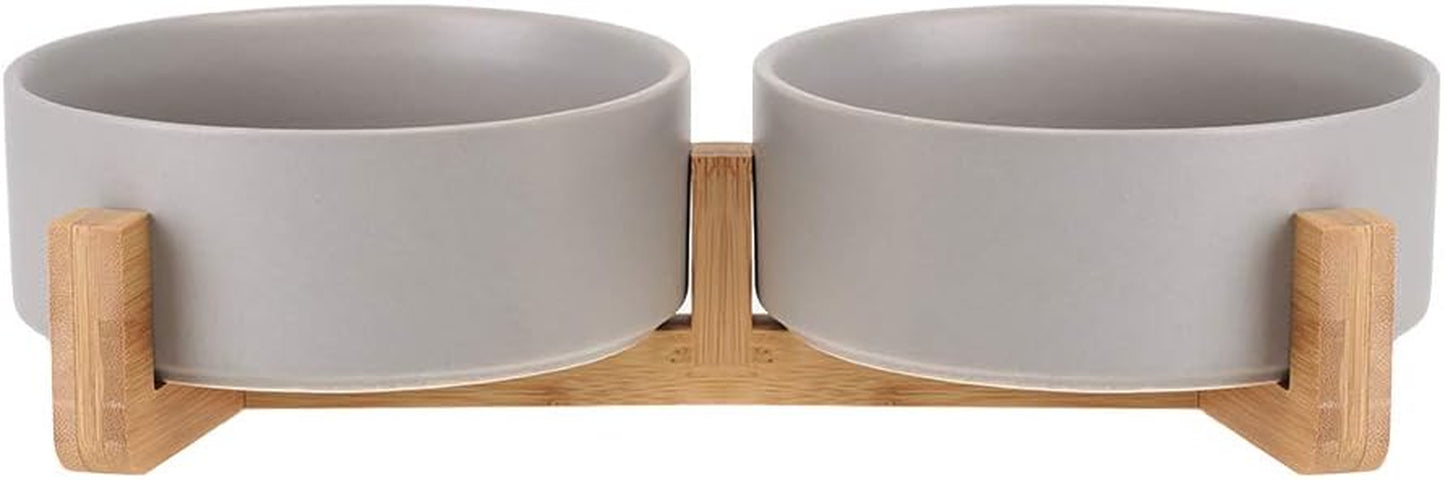 Ceramic Cat Dog Bowl Dish with Wood Stand No Spill Pet Food Water Feeder Cats Small Dogs Set of 2
